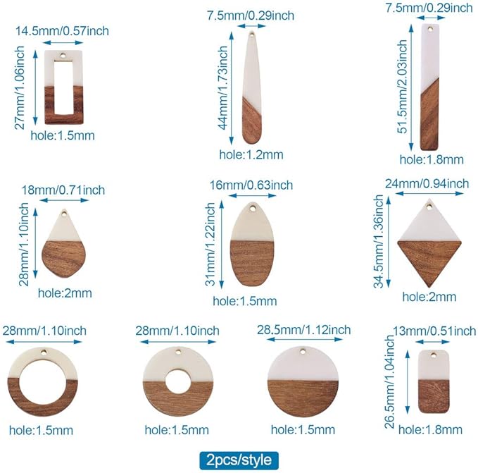 Beadthoven 20pcs/10 Pairs White Natural Wood Resin Charms DIY Earrings Pendants Mixed Shapes Wooden Pieces Pendants for Statement Jewelry Making Findings