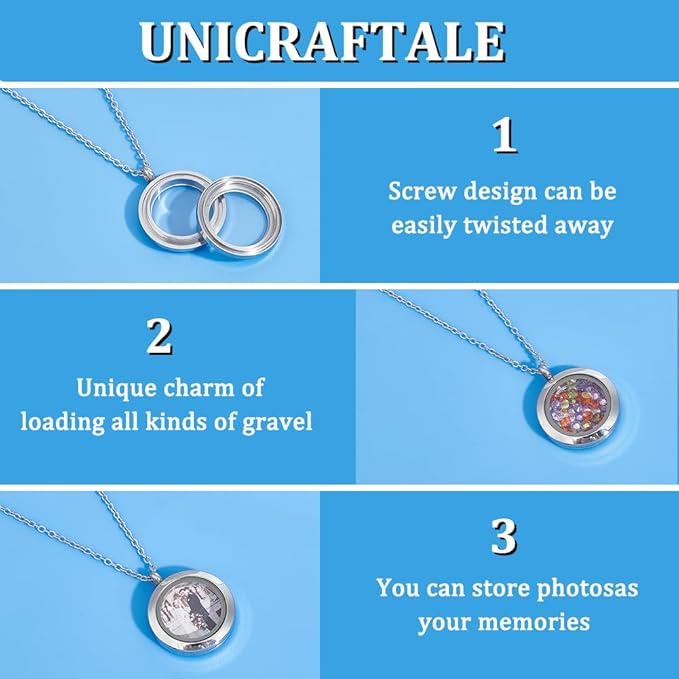 UNICRAFTALE 2 Sets Stainless Steel Memory Locket Charm Flat Round DIY Picture Photo Necklace Making Kit Chain Necklace with Crystal Double Sided Frame Glass Container Floating Charms for Lockets