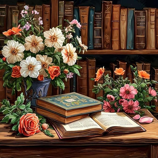 Paint by Numbers Kit for Adults Beginner Book, Adult Paint by Number Kits on Canvas, Bookshelf DIY Acrylic Oil Painting by Numbers for Adults, Flower for Home Wall Decor 16X16 Inch