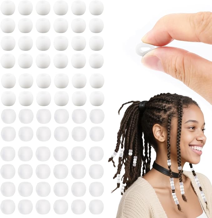 AD Beads 216PCS 6x9mm DIY Soft Pony Silicone Beads for Hair, White +Transparent Series with 80 Elastic Bands, Tool and Storage Box Kit for Braids, Bracelet, Crafts.