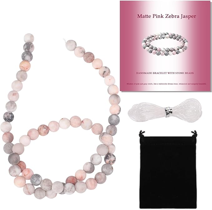 Stone Beads, 60pcs Matte Pink Zebra Jasper, 6mm Round Loose Beads for Jewelry Making, Bracelets, with Bag, String & Card