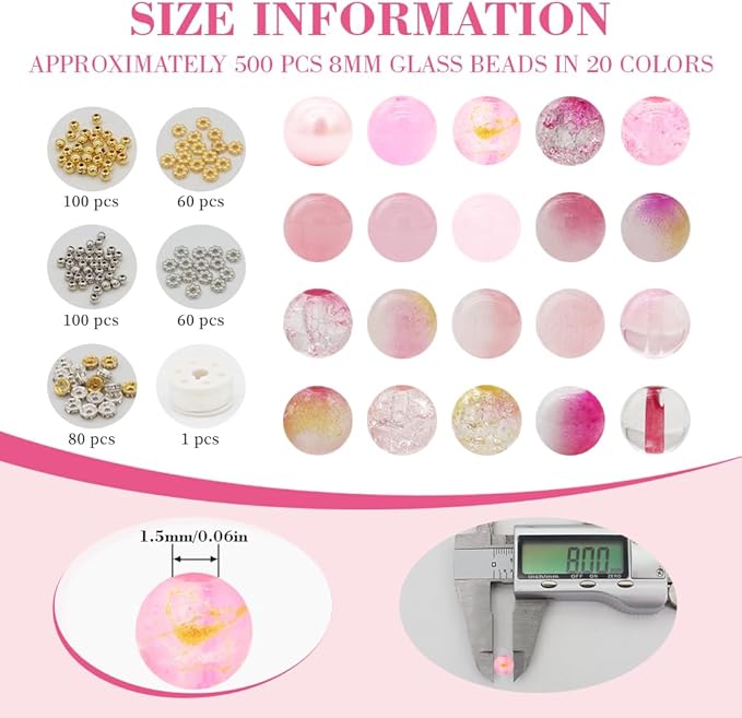 DIPSEOI 8mm Glass Beads for Bracelet Kit - 900 Pcs Jewelry Making Kits Bead DIY with Spacer Charms (Pink Series)