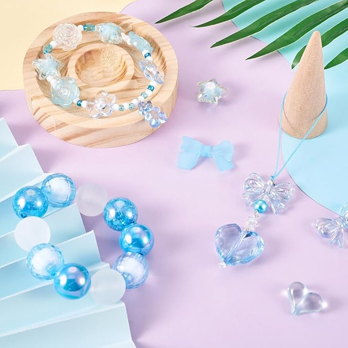 FASHEWELRY Assorted Blue Acrylic Beads Transparent Heart Butterfly Bowknot Flower Beads Gummy Chunky Cute Pony Bead Bulk for Bracelets Necklaces Key Chains Jewelry Making, 80pcs