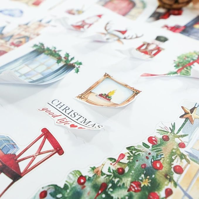 Christmas Santa's Little Helpers Journaling Stickers for Junk Journals Supplies, Pre-Cut Xmas Holiday Sticker Book for Card Making, Planner, Bujo, Scrapbooking, Collage