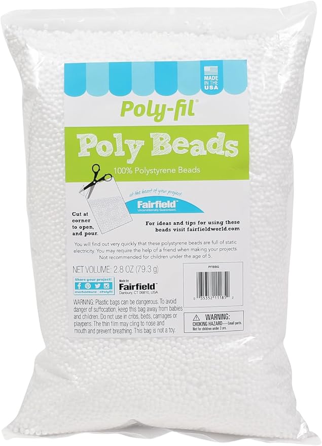 Fairfield Poly-Fil Poly Beads, Premium Polystyrene Stuffing Beads, Stuffing for Stuffed Animals, Ideal for Floam and Slime, Bean Bag Filler, White, 2.8-Ounce Bag