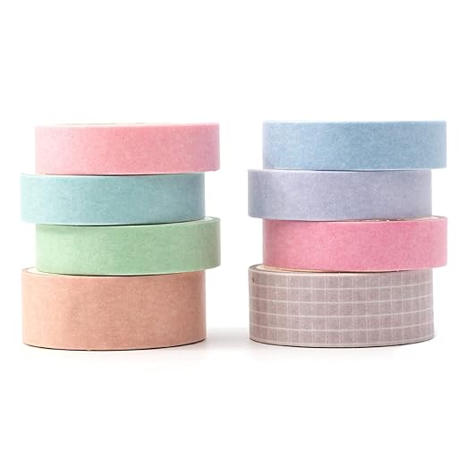 YUBBAEX 8 Rolls Basic Washi Tape Set Solid Color Grid Masking Decorative Tapes for Arts, DIY Crafts, Journals, Planners, Scrapbooking, Wrapping (Champagne)