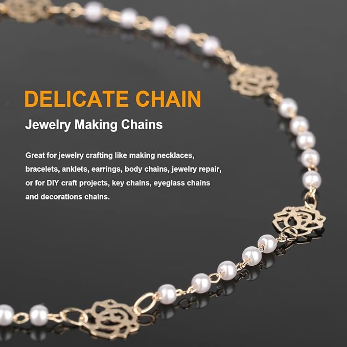 KYUNHOO 16.4 Feet 3MM Faux Pearl Bead Chain for Jewelry Making Rose Flower Link Brass Cable Chains Bulk with Clasps for Handcraft DIY Finding Supplies