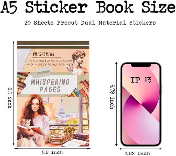 Dwpetzo Whispering Pages Reading Pre-Cut Journal Sticker Book for Junk Journaling, PET and Writing Paper Dual Materials, Collage Stickers for Scrapbooking Supplies, Planner, Bujo, A5, 20 Sheets