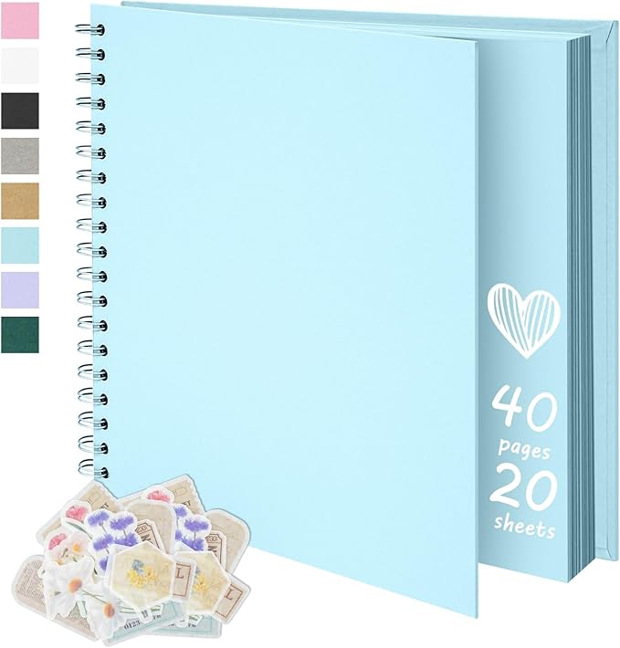 8X8 Inch DIY Scrapbook Photo Album, Kraft Blank Paper Scrap Book 40 Pages Memory Book for Wedding Family, Light Blue