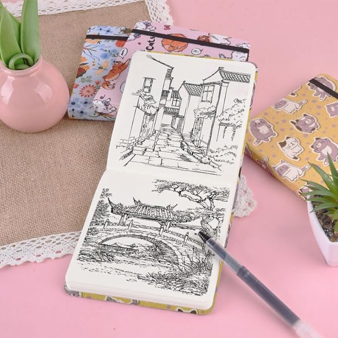 4.8" x 4.8" Hardcover Sketchbook,Small Mixed Media SketchPad,96 Sheets 80gsm Acid-Free Artist Drawing Paper,Travel Journal Pocket Blank Notebook for Painting,Illustration,Art Supplies.Yellow Cute Cat