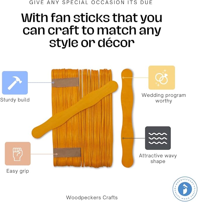 Wooden Yellow 8" Fan Handles, Wedding Programs, Paint Mixing, Pack 100, Jumbo Craft Popsicle Sticks for Auction Bid Paddles, Wooden Wavy Flat Stems for Any DIY Crafting Supplies Kit, by Woodpeckers