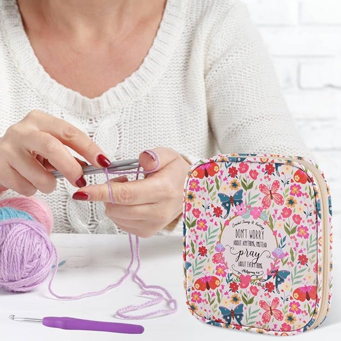 Crochet Hook Case,Portable Zipper Storage Organizer Bag for Crochet Hooks, Knitting Needles, Project & Sewing Supplies, Lightweight,Easy to Hold (No Accessories Included).Beige Butterfly