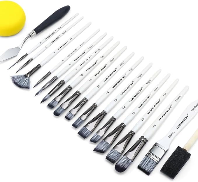 Transon Art Paint Brush Kit 16 Paint Brushes with Foam Brush Sponge Spatula and Art Case for Oil, Acrylic, Watercolor, Gouache, Painting