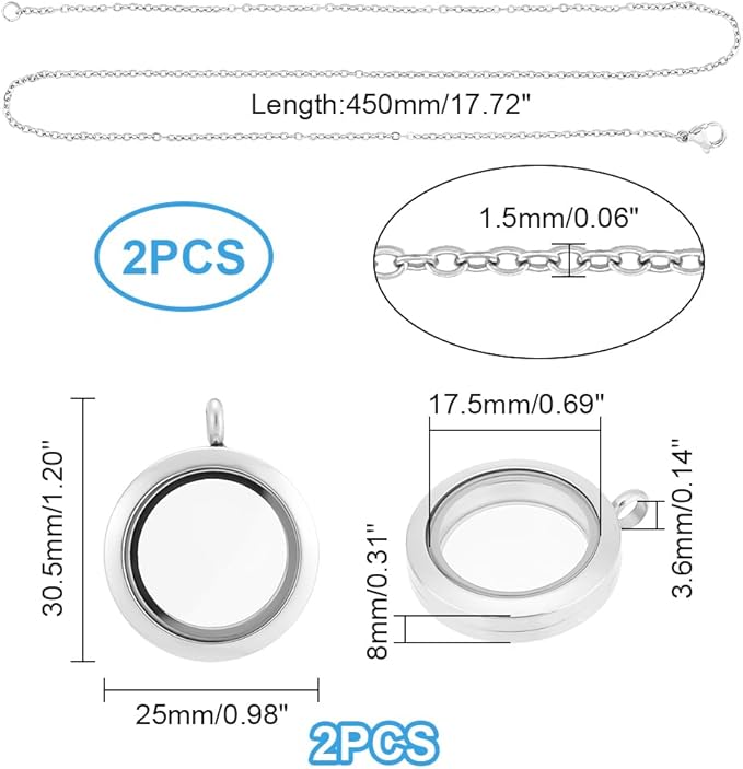 UNICRAFTALE 2 Sets Stainless Steel Memory Locket Charm Flat Round DIY Picture Photo Necklace Making Kit Chain Necklace with Crystal Double Sided Frame Glass Container Floating Charms for Lockets