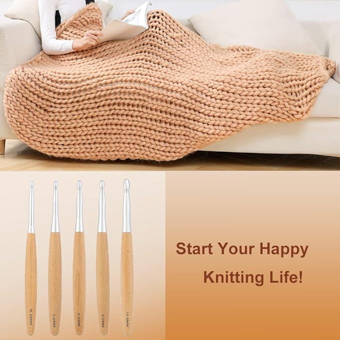 Yarniss Large Crochet Hooks Set 6.5mm,7.0mm,8.0mm,9.0mm,10.0mm,12mm,Big Crochet Hooks with Beech Wood Handle K L M N Q