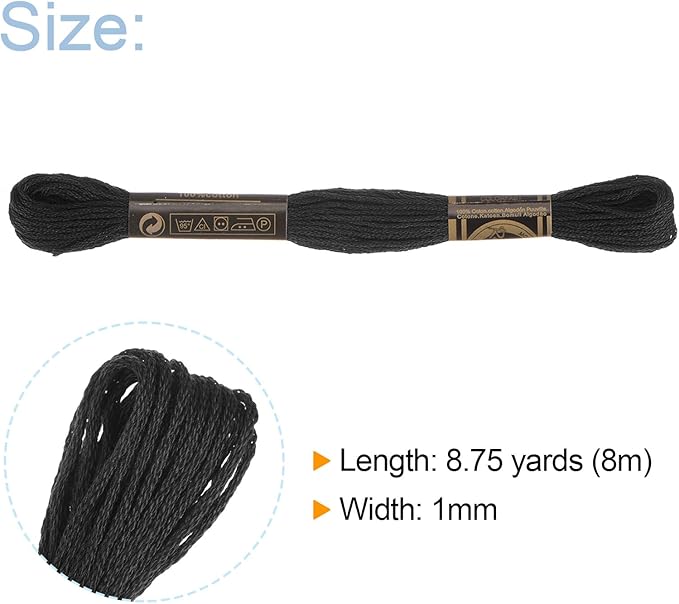 HARFINGTON 12 Skeins Embroidery Floss 8m Each Egyptian Long Fiber Cotton Cross Stitch Thread 26S/2x6 for Embroidery Projects Bracelet, Black