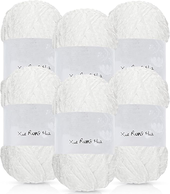 Amylove 6 Rolls Soft Velvet Chenille Yarn for Crocheting 1182 Yards Polyester Blanket Fuzzy Thick Yarn for DIY Knitting Bulky Weaving Crafts, 197 yd, 3.53 oz Each Roll(White)