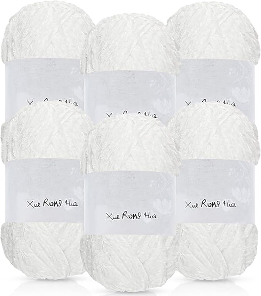 Amylove 6 Rolls Soft Velvet Chenille Yarn for Crocheting 1182 Yards Polyester Blanket Fuzzy Thick Yarn for DIY Knitting Bulky Weaving Crafts, 197 yd, 3.53 oz Each Roll(White)