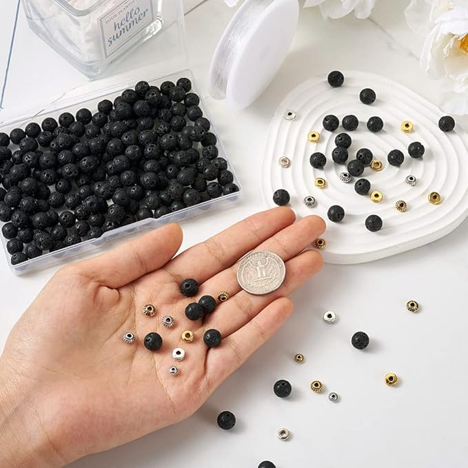 FASHEWELRY Mala Yoga Men Bracelet Making Kit - 300pcs Natural Gemstone Lava Rock Tibetan Alloy Beads Healing Chakra Stone Beads with Elastic Thread for Essential Oil Diffuser Jewelry Making