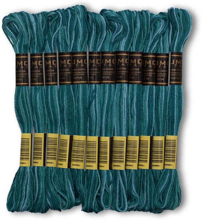 Pack of 12 Premium Embroidery Thread | 100% Egyptian Cotton Premium Skeins | Cross Stitch Embroidery Floss | Oeko TEX Certified | Ideal for Arts & Crafts (Teal Blue Variegated 1263)
