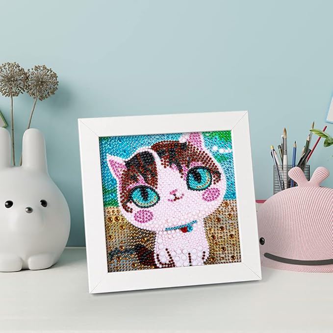QEUOYSS Diamond Art Kit for Kids with Wooden Frame Art and Crafts for Kids Ages 6-8 -10-12 Easy to DIY Diamond Art for Kid and Adult Beginners Home Wall Decoration (uad-02 cat)
