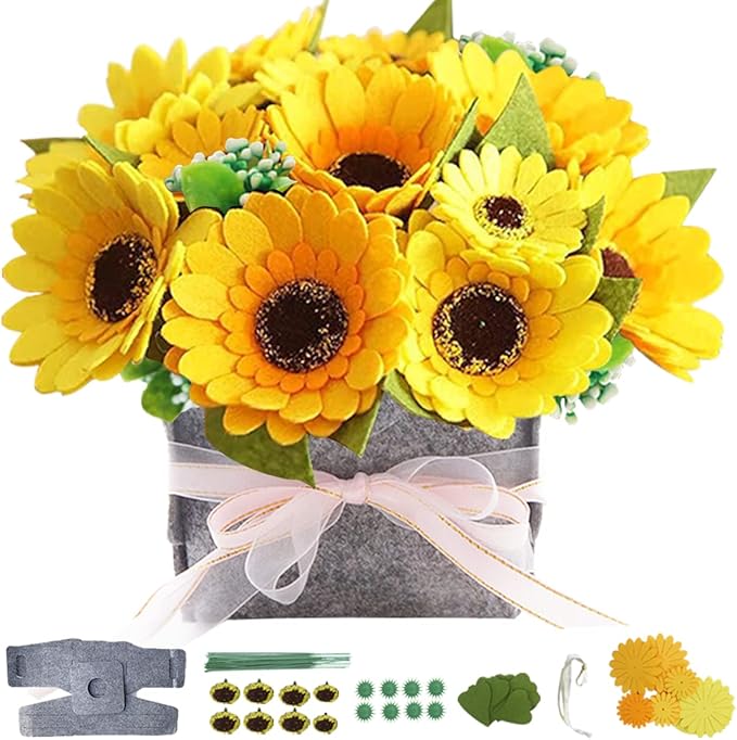 BAZIMA DIY Felt Flower Art Craft Kit, Sunflower Pot Bonsai Kit, Floral Gifts, Beginner Craft Kit, Arrange Pre-Cut Flowers and Foliage