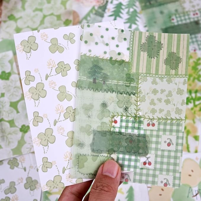 Diuhofart Scrapbook Textured Papers for Crafts, Green Theme Hollow Mesh Craft Paper Sticker, 47Pcs Collage Materials for Junk Journaling Supplies Scrapbooking