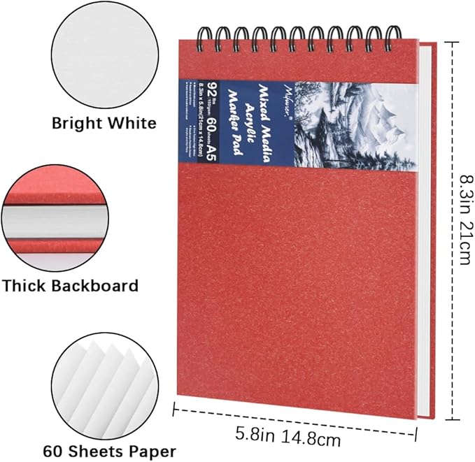 8.3" x 5.8" Hardcover Sketchbook, Top Spiral Bound Art Journal Sketchbook, 60 Sheets 92LB/150 GSM Acid-Free Drawing Bright White Mixed Media Paper for Adults Beginners Artists.Red