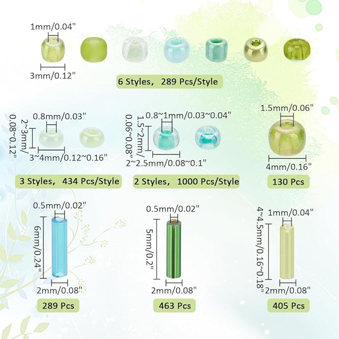 PH PandaHall 6178pcs 15 Colors Green Series Glass Seed Beads 5021pcs 2~4mm Glass Round Beads 1157pcs 4~6x2mm Tube Beads Kit Bugle Beads Loose Spacer Bead for Bracelet Necklace Jewelry Making