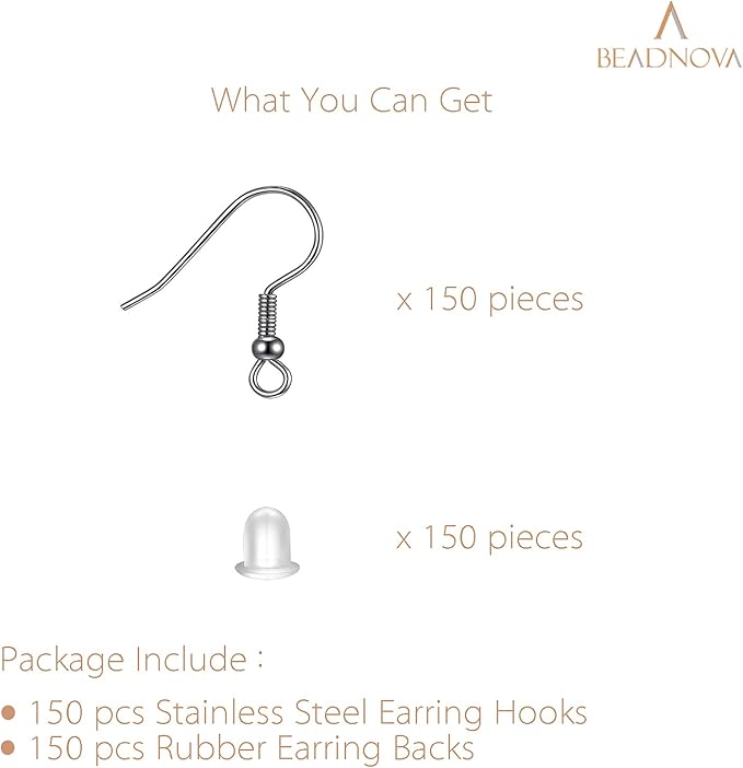 beadnova fish hook earring hooks 150pcs stainless steel earring findings with backs for ear wire supplies ear posts making diy (150pcs ear wires and 150pcs backs, total 300pcs)