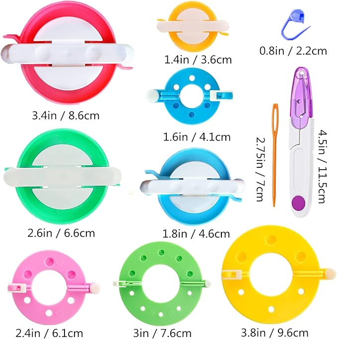 Pompom Maker Kits, Pom pom Knitting Loom Kit Fluff Ball Weaver Needle Craft DIY Knitting Crochet Craft Tool Kit, 8PS Pompom Maker+10PS Knitting Markers+10PS Needles+2PS Scissors (30)