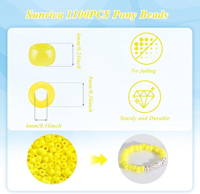 sunrica 1100pcs yellow pony beads 6x9mm large hole plastic hair beads for braids, kandi bracelets, keychains, jewelry making