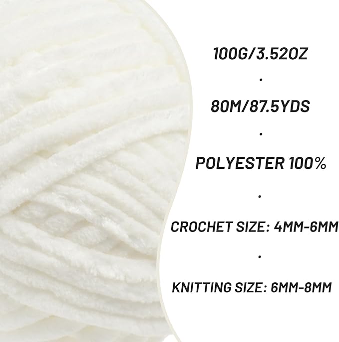 2 Pack Chunky Chenille Yarn for Crocheting, Baby Yarn for Crocheting Soft Blanket, 174.9 yds /7 oz Crochet Yarn, Bulky 5 Amigurumi Yarns, Fluffy Velvet Yarns for Knitting Crafts (2 White)