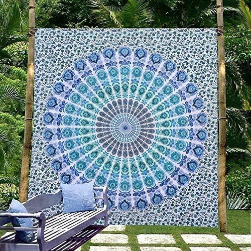 bless international handmade indian hippie bohemian psychedelic peacock mandala wall hanging college dorm beach throws table cloth bedding tapestry (peacock sky blue, queen(84x90inches)(215x230cms))