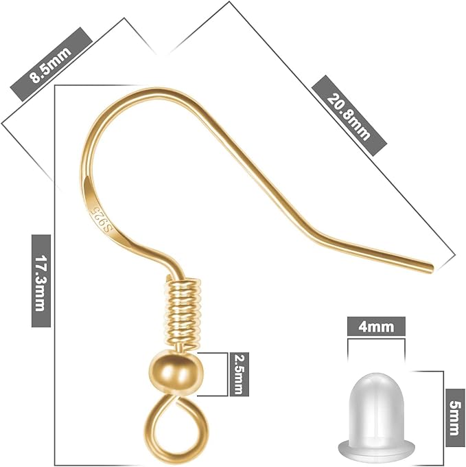 925 sterling gold earring hooks 120 pcs/60 pairs, ear wires fish hooks, hypo-allergenic jewelry findings parts with 120 pcs clear silicone earring backs stoppers