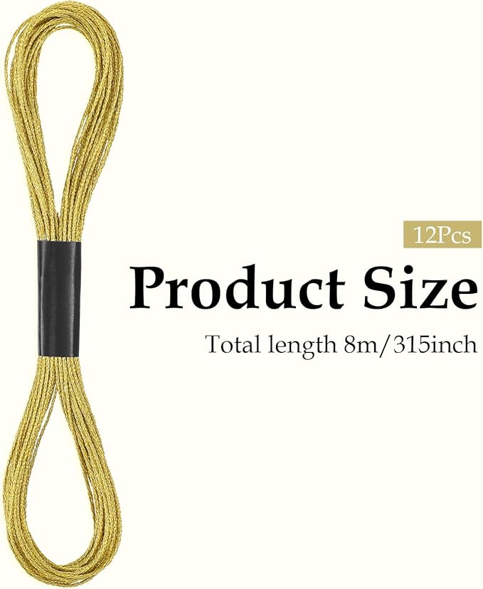 12 Skeins Metallic Embroidery Floss, 8m Each Metallic Gold Embroidery Thread for Cross Stitch, Friendship Bracelets, Sewing, Yarn Crafts & String Art Supplies (Gold)