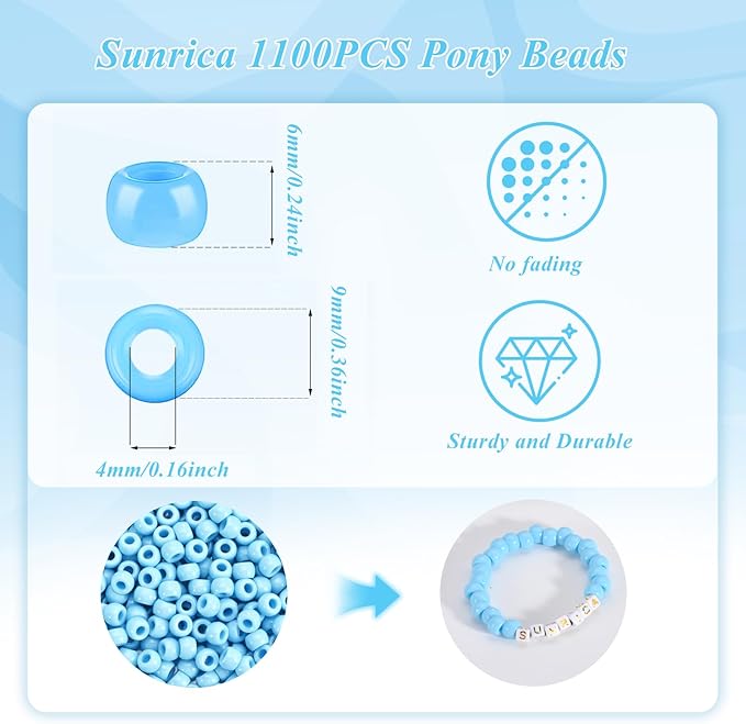 sunrica 1100pcs light blue pony beads 6x9mm large hole plastic beads for kandi, hair braids, necklaces, friendship bracelets