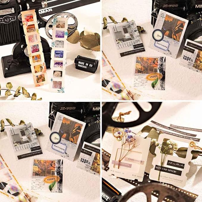 CraftBloom 94PCS Movie Film Scrapbook Paper for Journaling Supplies, Strip Photo Frame for Scrapbooking Kit, Waterproof PET Washi Quote Stickers for Bullet Junk Journal Collage Planner DIY Craft