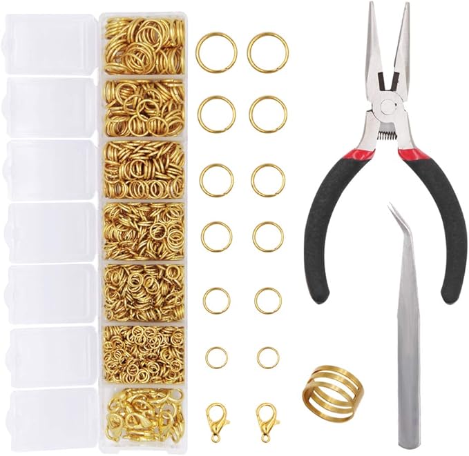 EuTengHao 1504Pcs Gold Open Jump Ring and Lobster Clasps Kit - Jewelry Making Repair Supplies with Pliers and Tweezers