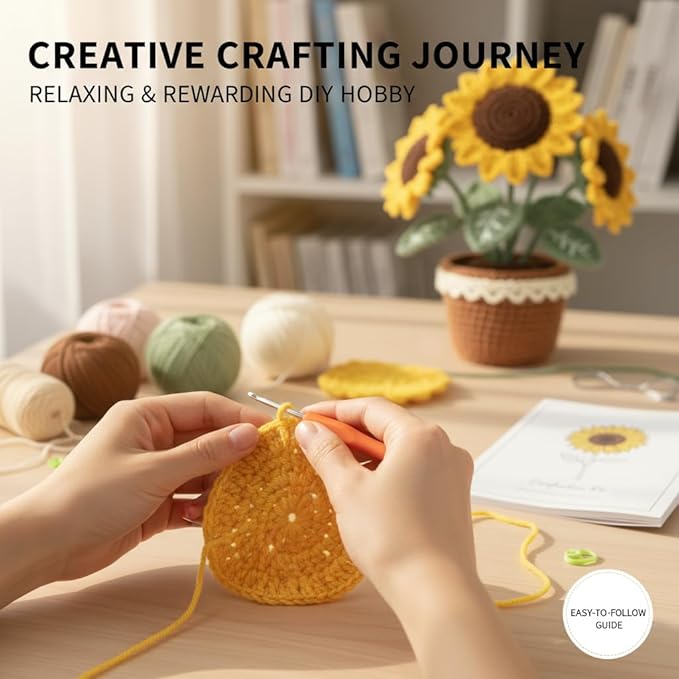 ADDZRZR Easy Crochet Sunflower Kit for Beginners Adults,Includes 8 Yarns,7 Crochet Hooks & More, Beginner Crochet and Knitting Kits for Adults & Teens
