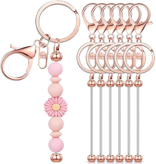 6 Pcs Beadable Keychain Bars Bulk for Beads DIY Blank Keychain Metal Beaded Keychains for Bead Key Chain Making Kit Crafts Gift Rose Gold