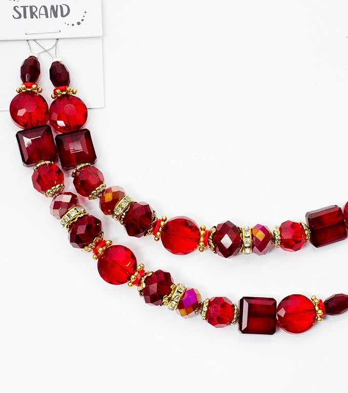 Glass Beads for Bracelets Jewelry Making Adults Keychains Bead Strand Large Unique Crystal Assortment for Craft Rondelle Faceted Flat Crackle Sparkly Bling Cute Pretty Beading Kit (2-pcs Red)