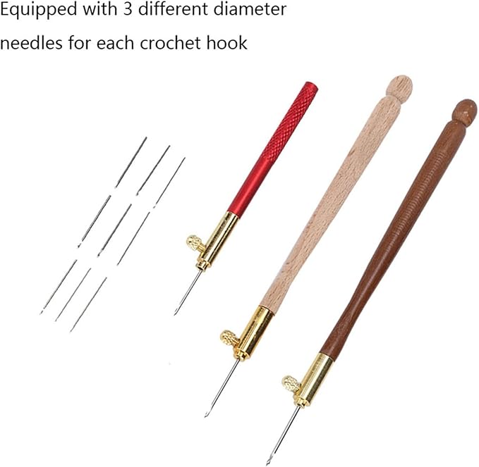 Tambour Embroidery Kit Tambour Hook 3Pcs Stainless Steel Wood Handle Embroidery Crochet Hooks Punch Needle with 9 Needles French Tambour Beading Sequins Sewing Craft Tool