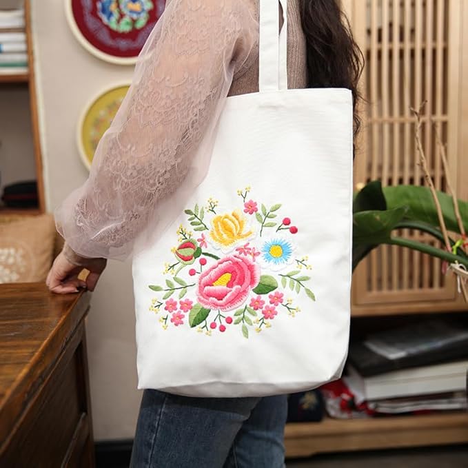 CREAWONDER Canvas Tote Bag Embroidery Kit with Pattern for Beginners, Arts and DIY Embroidery Crafts Kits for Adults, Include Instructions, Thimble, Embroidery Hoops, Color Threads and Tool