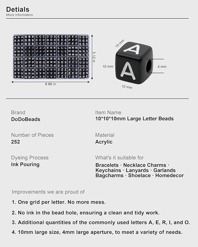 252 Pcs Large Black Letter Beads - 1010mm Big Square Letter Beads for Keychains, Lanyards, Home Decor Craft