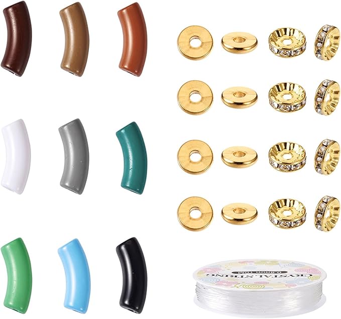 60Pcs Acrylic Chunky Tube Beads with Brass Rhinestone Spacer Beads & Elastic Crystal Thread, 10 Colors Opaque Curved Tube Beads for Bamboo Bangles Bracelet Jewelry Making