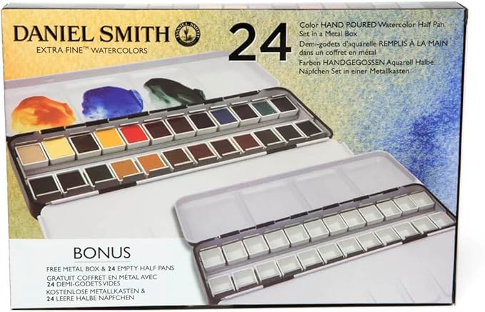 Daniel Smith Color Hand Poured Pan Set with BONUS Metal Box and Empty Half Pans, 24 Units (Pack of 1)