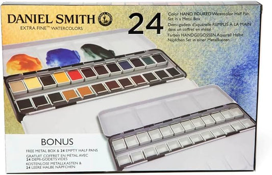 Daniel Smith Color Hand Poured Pan Set with BONUS Metal Box and Empty Half Pans, 24 Units (Pack of 1)