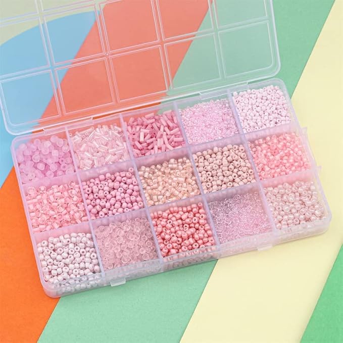 Mix 15 Color Glass Seed Tube Beads Glass Bugle Beads Loose Kit for Jewelry Making DIY Craft Beading (Mix 15 Color, Pink)