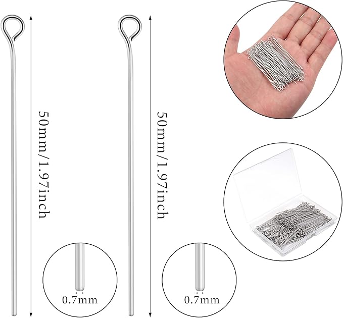 200 Pcs 50mm Straight Eye Pins for Craft Earring Bracelet Necklace Pendant DIY Jewelry Making, Platinum Color